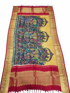 Kalamkari Silk Dupatta with Kanjeevaram Border - Multicolor Pen Design - Luxurion World