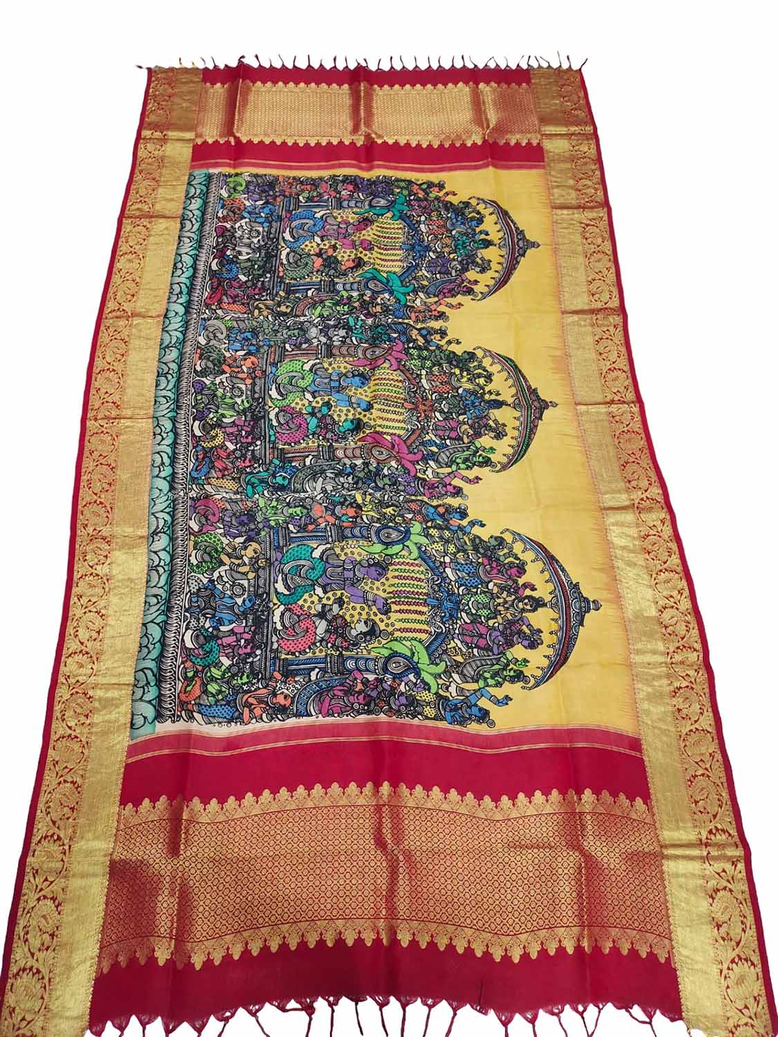 Kalamkari Silk Dupatta with Kanjeevaram Border - Multicolor Pen Design - Luxurion World