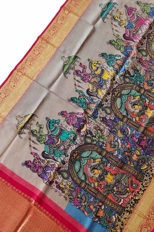 Kalamkari Silk Dupatta with Kanjeevaram Border - Multicolor Pen Design - Luxurion World