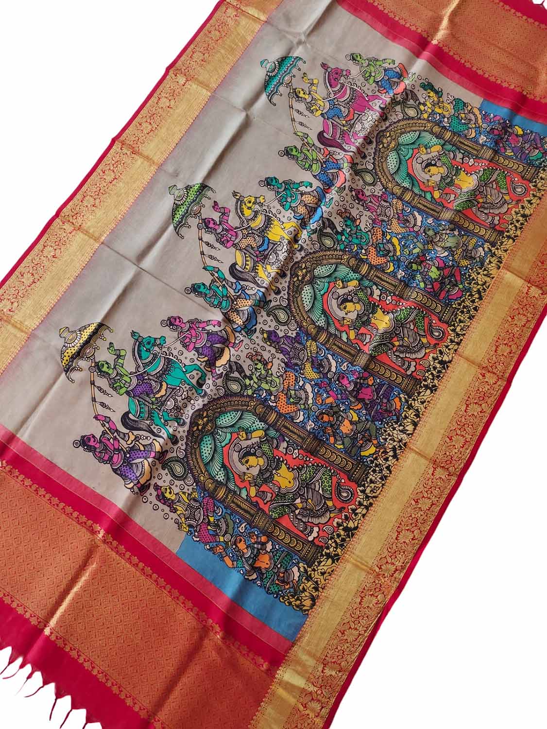 Kalamkari Silk Dupatta with Kanjeevaram Border - Multicolor Pen Design