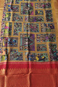 Kalamkari Silk Dupatta with Kanjeevaram Border - Multicolor Pen Design - Luxurion World