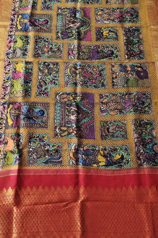 Kalamkari Silk Dupatta with Kanjeevaram Border - Multicolor Pen Design - Luxurion World