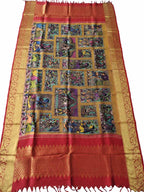 Kalamkari Silk Dupatta with Kanjeevaram Border - Multicolor Pen Design - Luxurion World