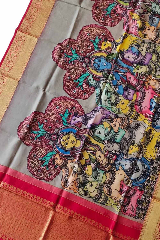 Kalamkari Silk Dupatta with Kanjeevaram Border - Multicolor Pen Design - Luxurion World