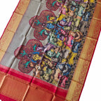 Kalamkari Silk Dupatta with Kanjeevaram Border - Multicolor Pen Design - Luxurion World