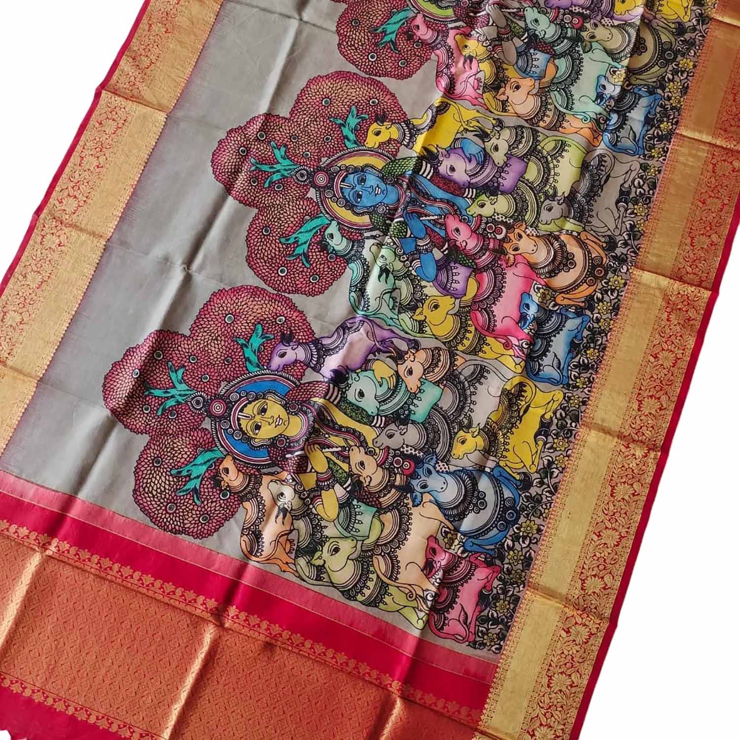 Kalamkari Silk Dupatta with Kanjeevaram Border - Multicolor Pen Design - Luxurion World