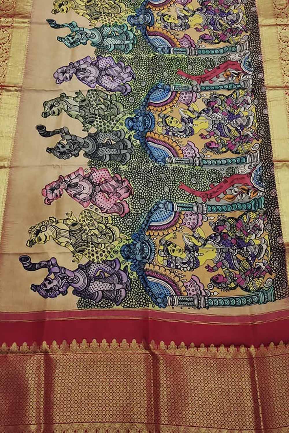 Kalamkari Silk Dupatta with Kanjeevaram Border - Multicolor Pen Design - Luxurion World