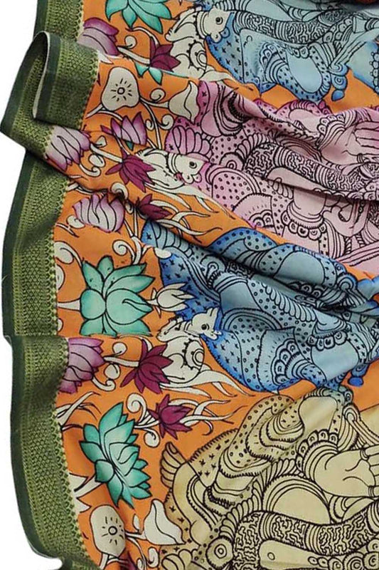 Multicolor Kalamkari Hand Painted Mangalgiri Cotton Dupatta - Luxurion World