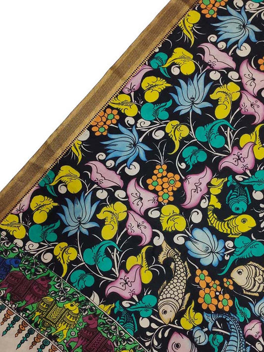 Black Kalamkari Hand Painted Pure Bangalore Silk Dupatta - Luxurion World