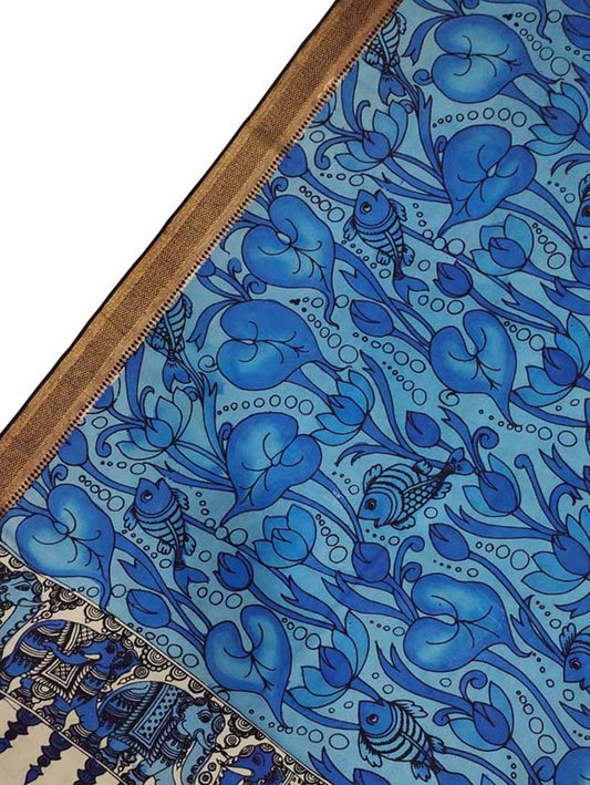 Blue Kalamkari Hand Painted Pure Bangalore Silk Dupatta - Luxurion World
