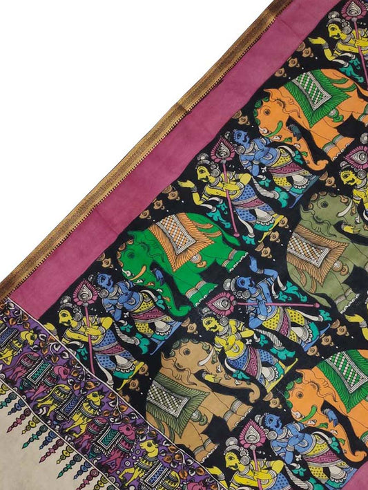 Black Kalamkari Hand Painted Pure Bangalore Silk Dupatta - Luxurion World