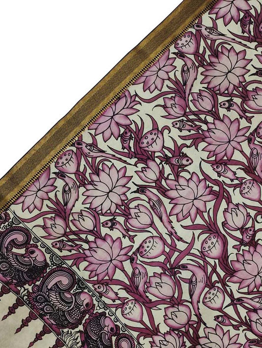 Pastel Kalamkari Hand Painted Pure Bangalore Silk Dupatta - Luxurion World