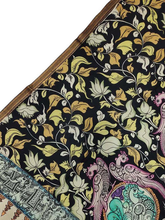 Black Kalamkari Hand Painted Pure Bangalore Silk Dupatta - Luxurion World