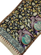 Black Kalamkari Hand Painted Pure Bangalore Silk Dupatta - Luxurion World