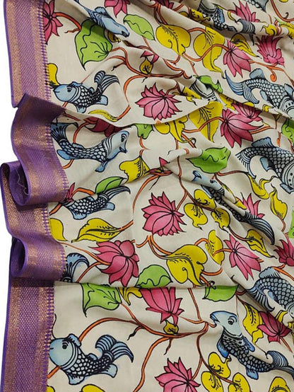 Off White Kalamkari Hand Painted Pure Bangalore Silk Dupatta - Luxurion World