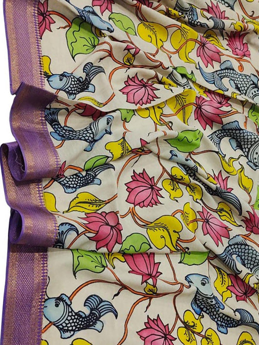 Off White Kalamkari Hand Painted Pure Bangalore Silk Dupatta - Luxurion World