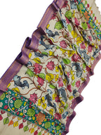 Off White Kalamkari Hand Painted Pure Bangalore Silk Dupatta - Luxurion World