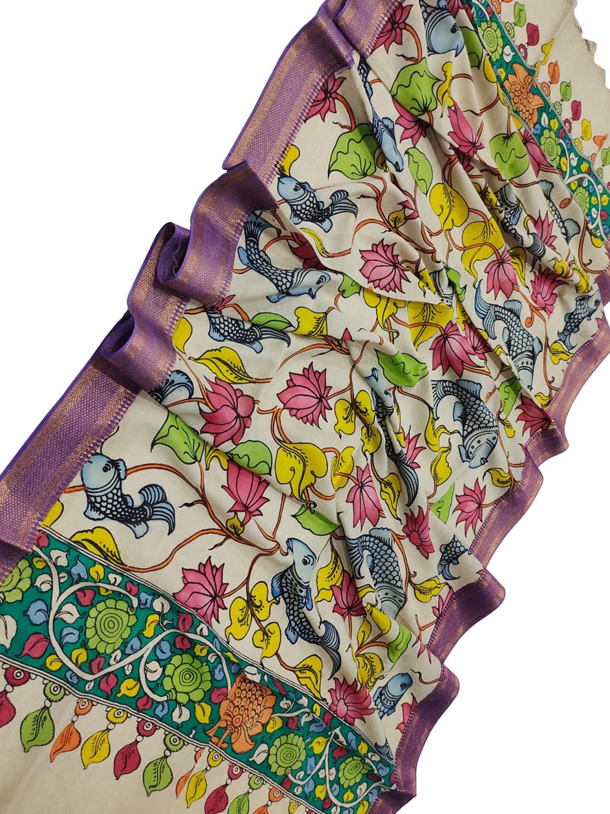 Off White Kalamkari Hand Painted Pure Bangalore Silk Dupatta - Luxurion World