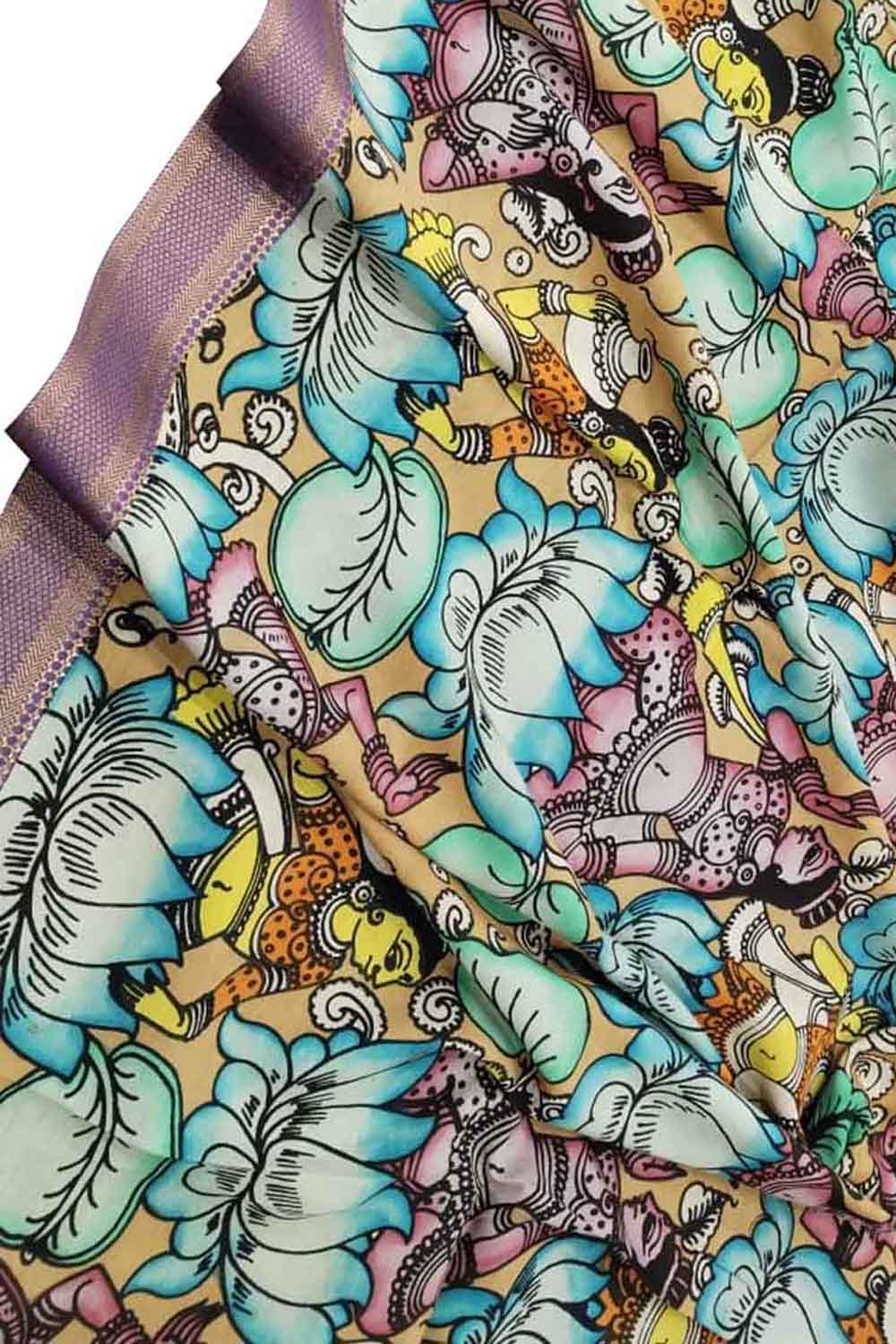 Multicolor Kalamkari Hand Painted Pure Bangalore Silk Dupatta - Luxurion World
