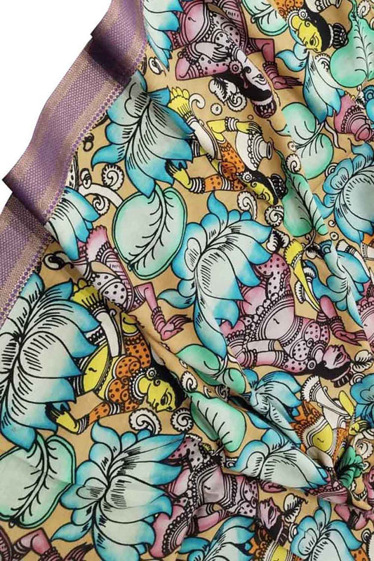 Multicolor Kalamkari Hand Painted Pure Bangalore Silk Dupatta - Luxurion World