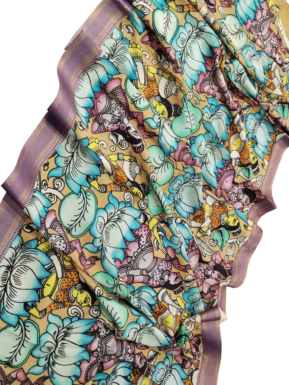 Multicolor Kalamkari Hand Painted Pure Bangalore Silk Dupatta - Luxurion World