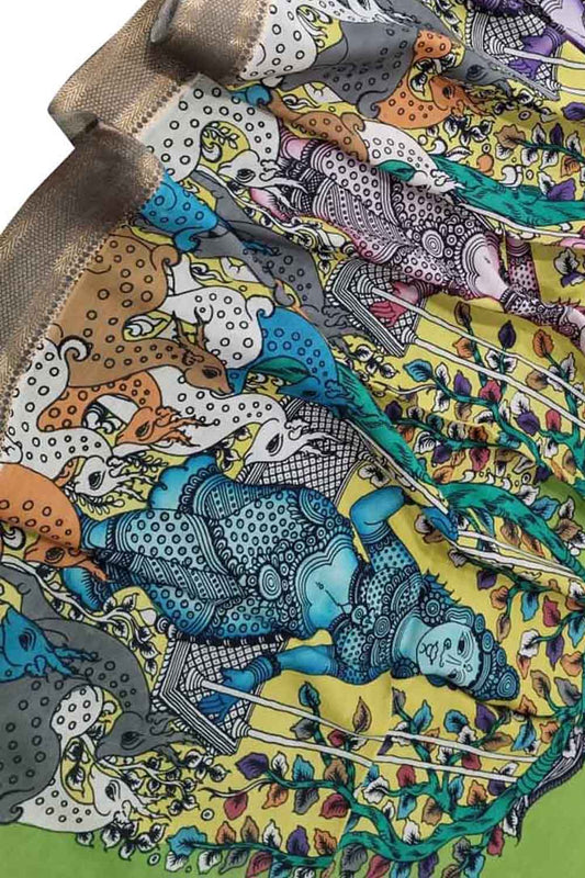 Multicolor Kalamkari Hand Painted Pure Bangalore Silk Dupatta - Luxurion World