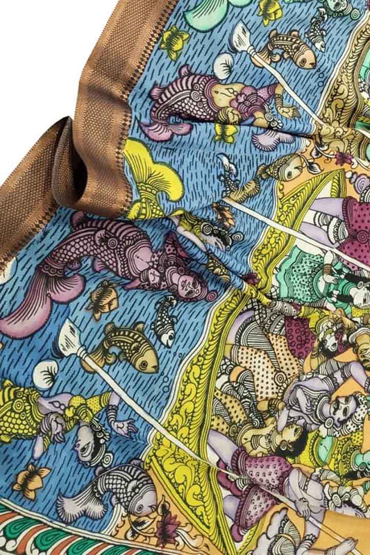 Multicolor Kalamkari Hand Painted Pure Bangalore Silk Dupatta - Luxurion World