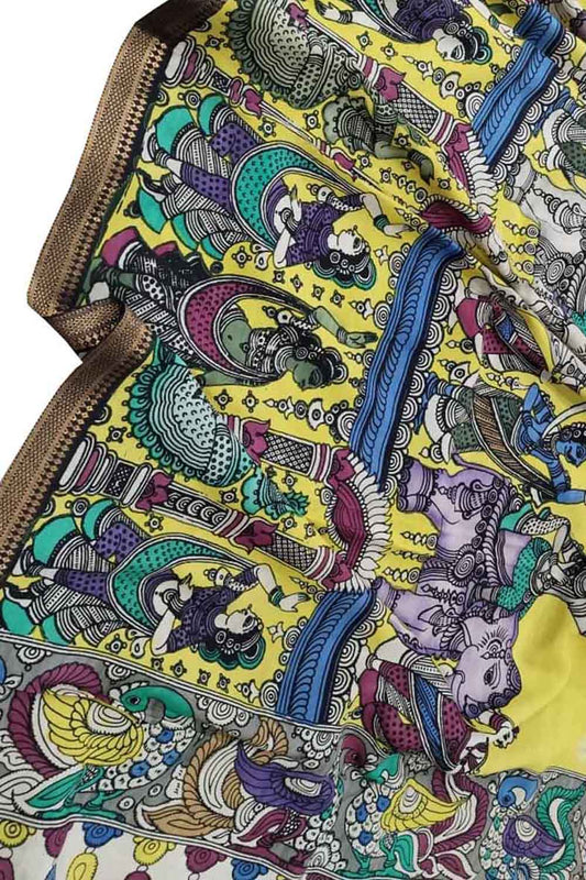 Multicolor Kalamkari Hand Painted Pure Bangalore Silk Dupatta - Luxurion World