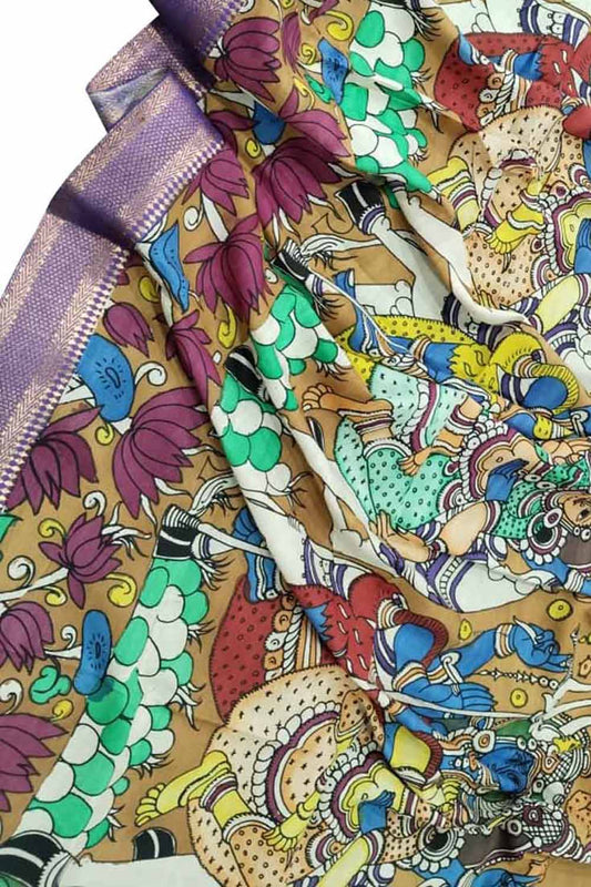 Multicolor Kalamkari Hand Painted Pure Bangalore Silk Dupatta - Luxurion World
