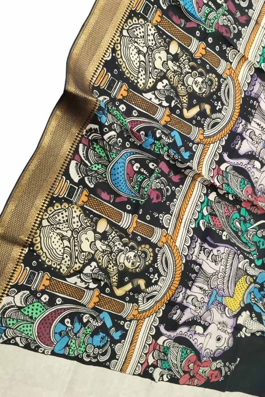 Multicolor Kalamkari Hand Painted Pure Bangalore Silk Dupatta - Luxurion World