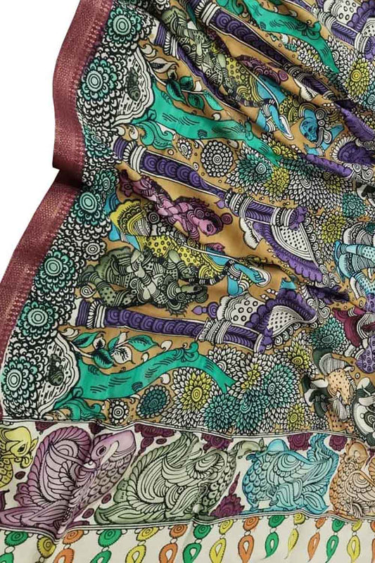 Multicolor Kalamkari Hand Painted Pure Bangalore Silk Dupatta - Luxurion World