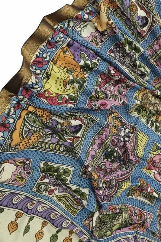 Multicolor Kalamkari Hand Painted Pure Bangalore Silk Dupatta - Luxurion World