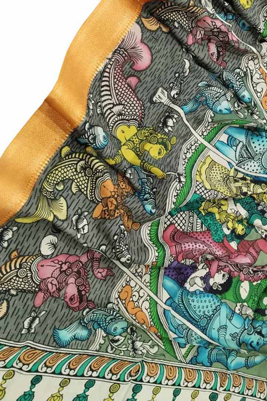 Multicolor Kalamkari Hand Painted Pure Bangalore Silk Dupatta - Luxurion World