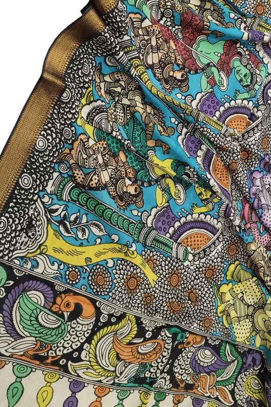 Multicolor Kalamkari Hand Painted Pure Bangalore Silk Dupatta - Luxurion World