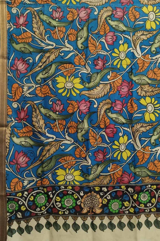 Multicolor Kalamkari Hand Painted Pure Bangalore Silk Dupatta - Luxurion World