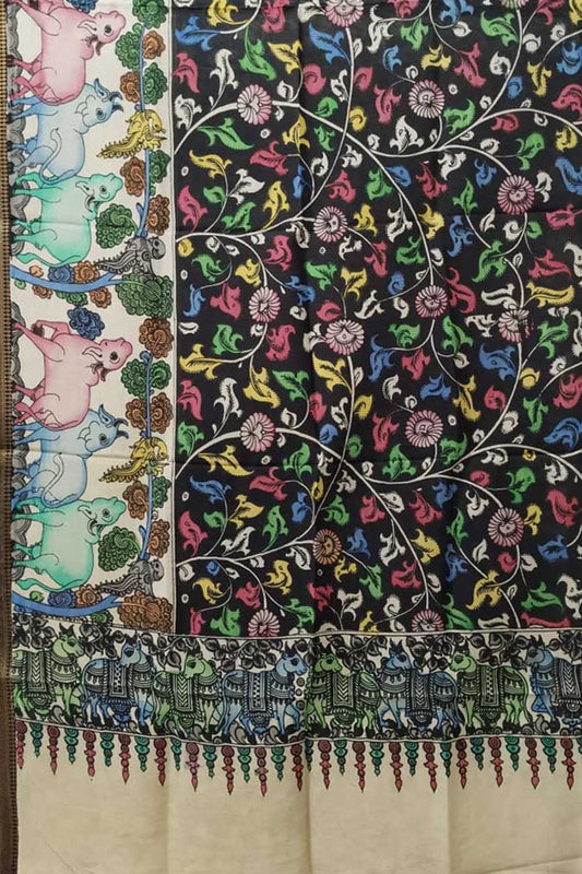 Multicolor Kalamkari Hand Painted Pure Bangalore Silk Dupatta - Luxurion World