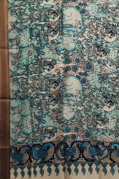 Multicolor Kalamkari Hand Painted Pure Bangalore Silk Dupatta - Luxurion World