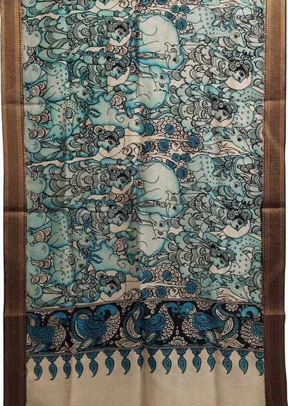 Multicolor Kalamkari Hand Painted Pure Bangalore Silk Dupatta - Luxurion World