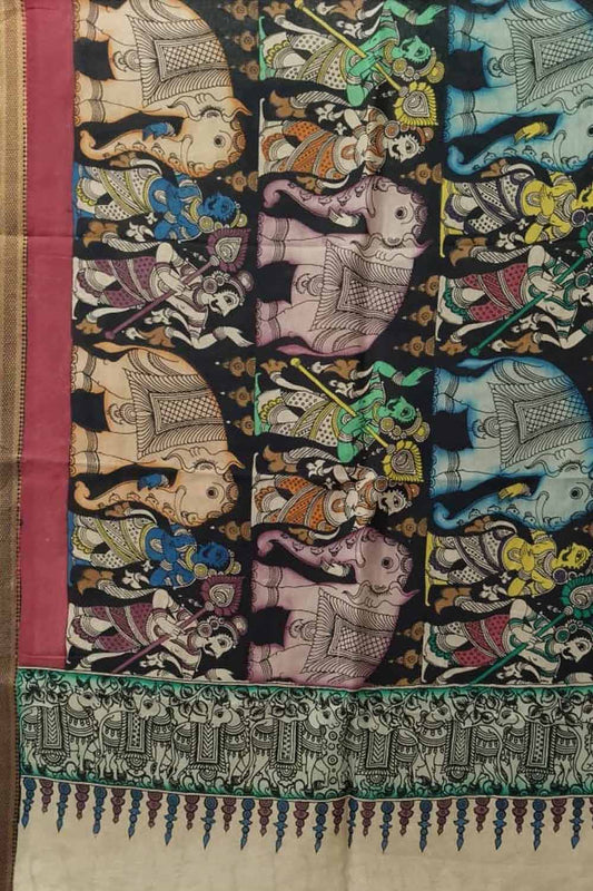 Multicolor Kalamkari Hand Painted Pure Bangalore Silk Dupatta - Luxurion World