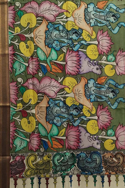 Multicolor Kalamkari Hand Painted Pure Bangalore Silk Dupatta - Luxurion World