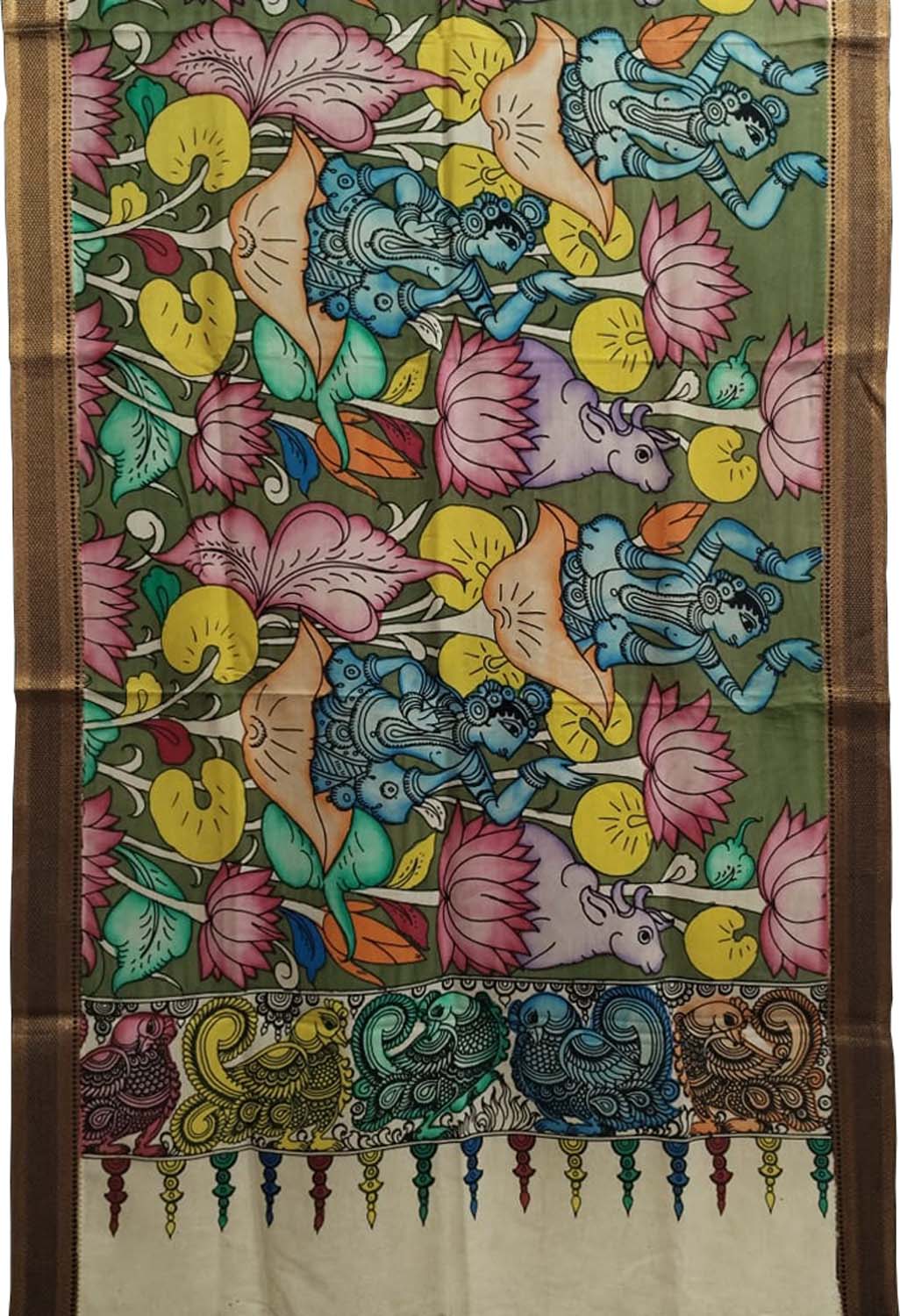 Multicolor Kalamkari Hand Painted Pure Bangalore Silk Dupatta - Luxurion World