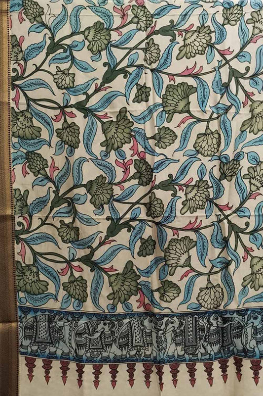 Multicolor Kalamkari Hand Painted Pure Bangalore Silk Dupatta - Luxurion World