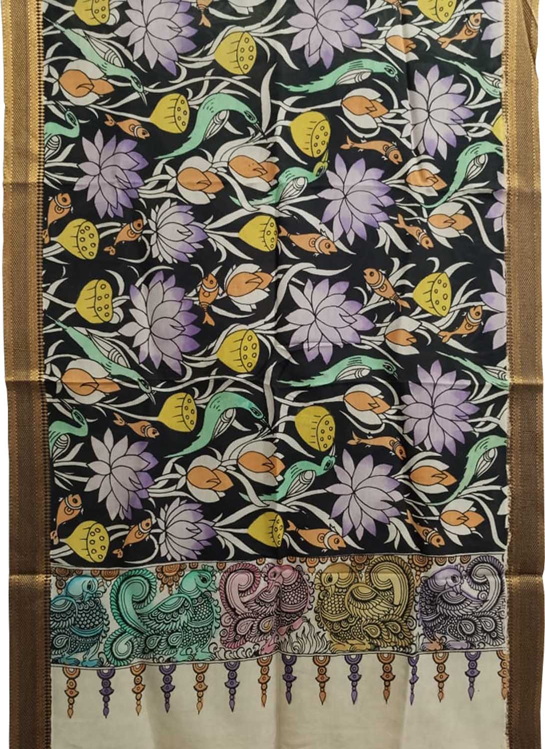 Multicolor Kalamkari Hand Painted Pure Bangalore Silk Dupatta - Luxurion World