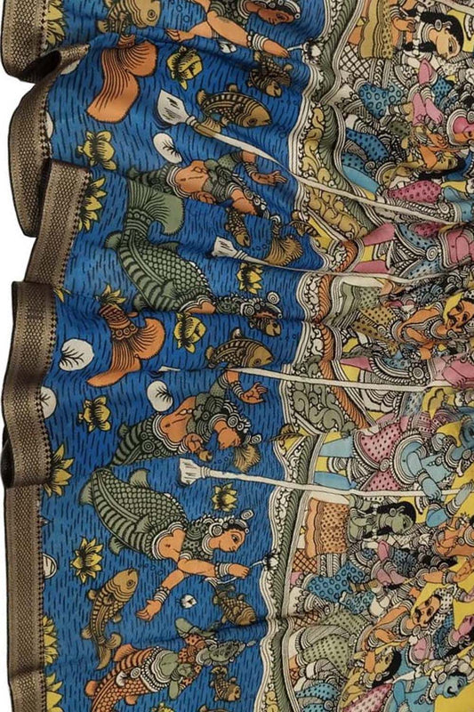 Multicolor Kalamkari Hand Painted Pure Bangalore Silk Dupatta - Luxurion World