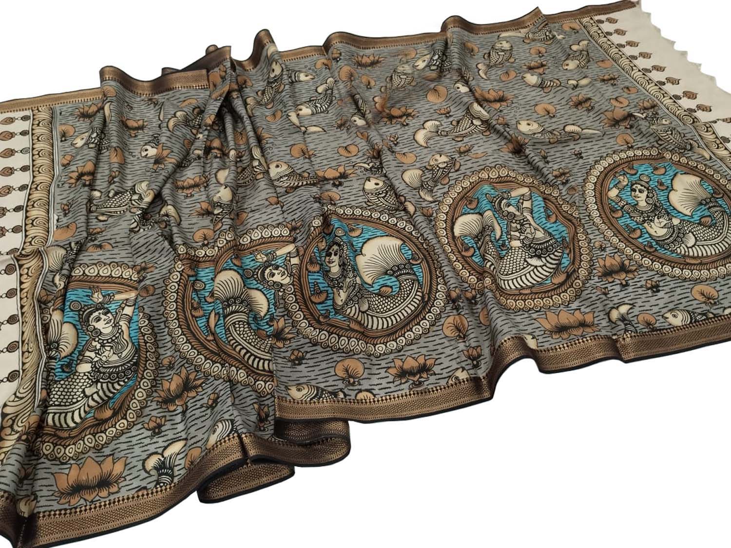 Multicolor Kalamkari Hand Painted Pure Bangalore Silk Dupatta - Luxurion World