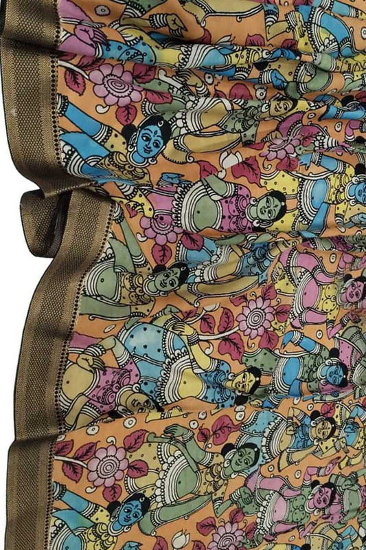 Multicolor Kalamkari Hand Painted Pure Bangalore Silk Dupatta - Luxurion World