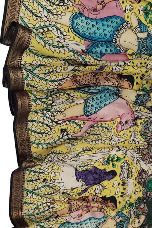 Multicolor Kalamkari Hand Painted Pure Bangalore Silk Dupatta - Luxurion World