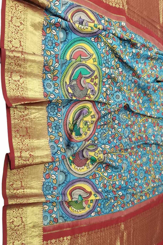Multicolor Kalamkari Hand Painted Pure Silk Dupatta With Kanjeevaram Border - Luxurion World