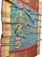 Multicolor Kalamkari Hand Painted Pure Silk Dupatta With Kanjeevaram Border - Luxurion World