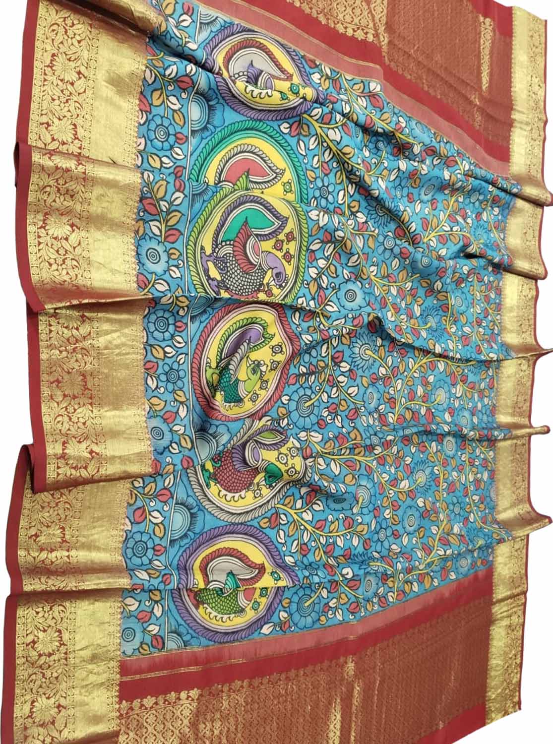 Multicolor Kalamkari Hand Painted Pure Silk Dupatta With Kanjeevaram Border - Luxurion World